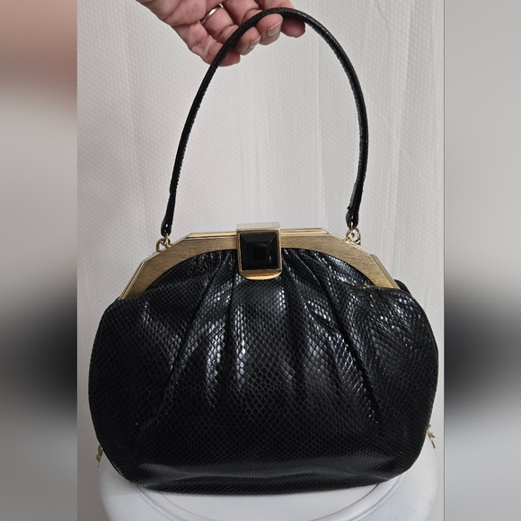 EUC Judith Leiber Vintage Real Snakeskin Handbag with Onyx Closure - Picture 3 of 14